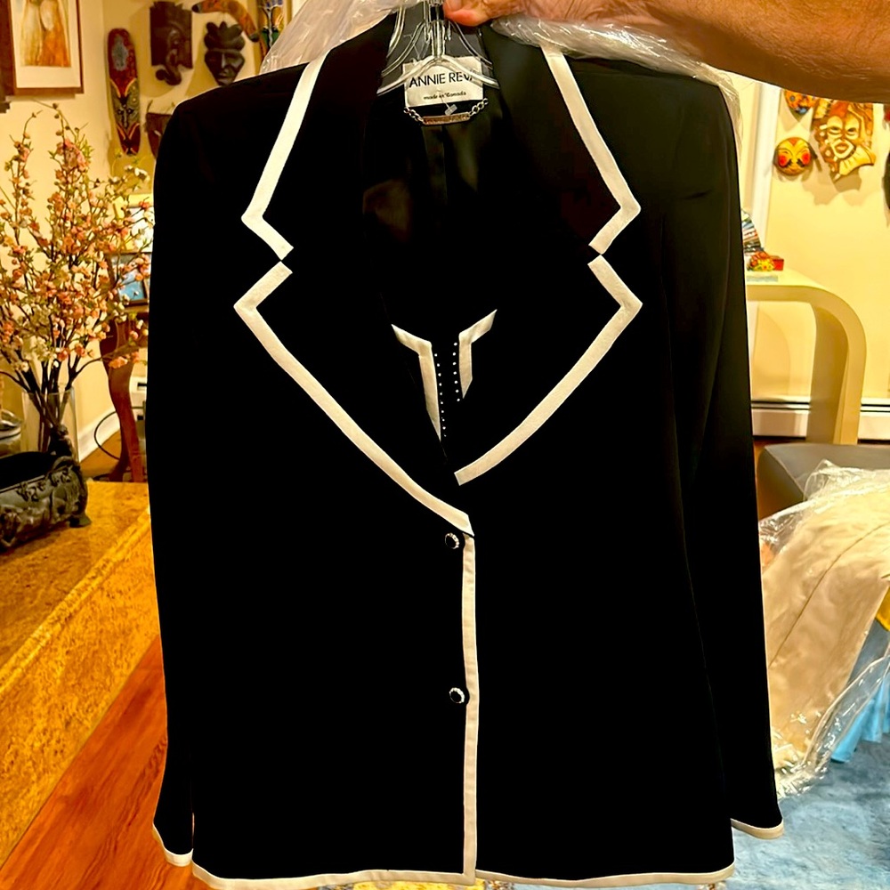 Black blazer with white trim with skirt